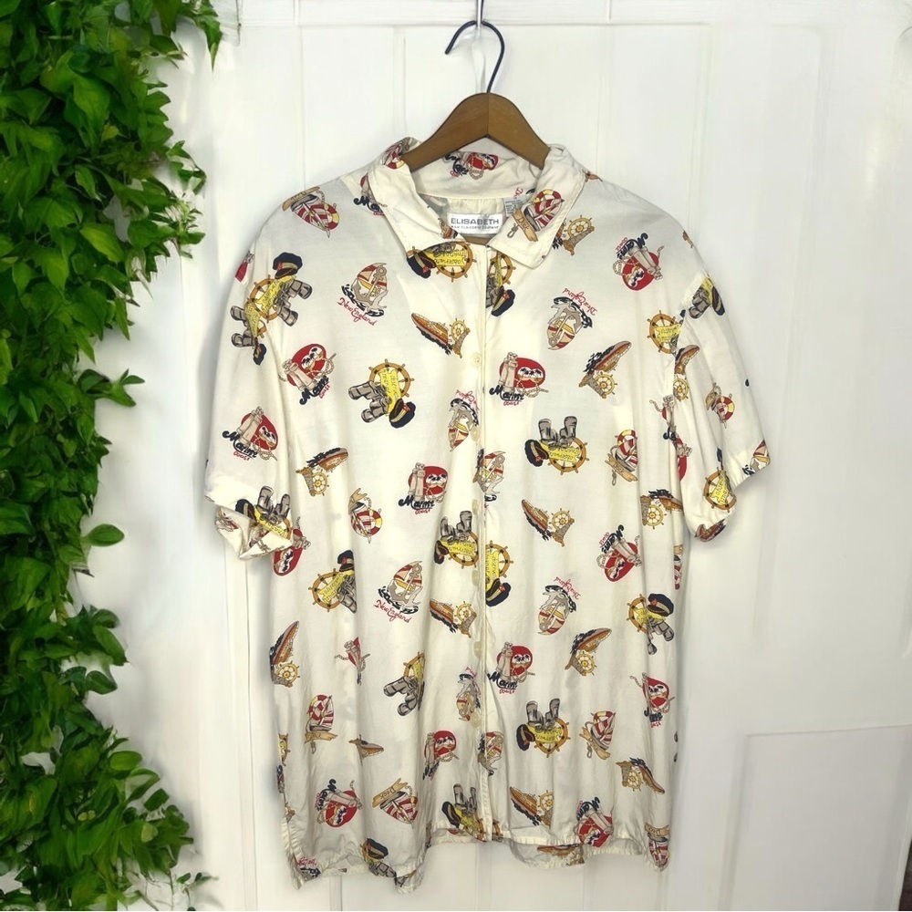Vintage 90s Liz Claiborne Nautical Novelty Print Button Down Beach Shirt